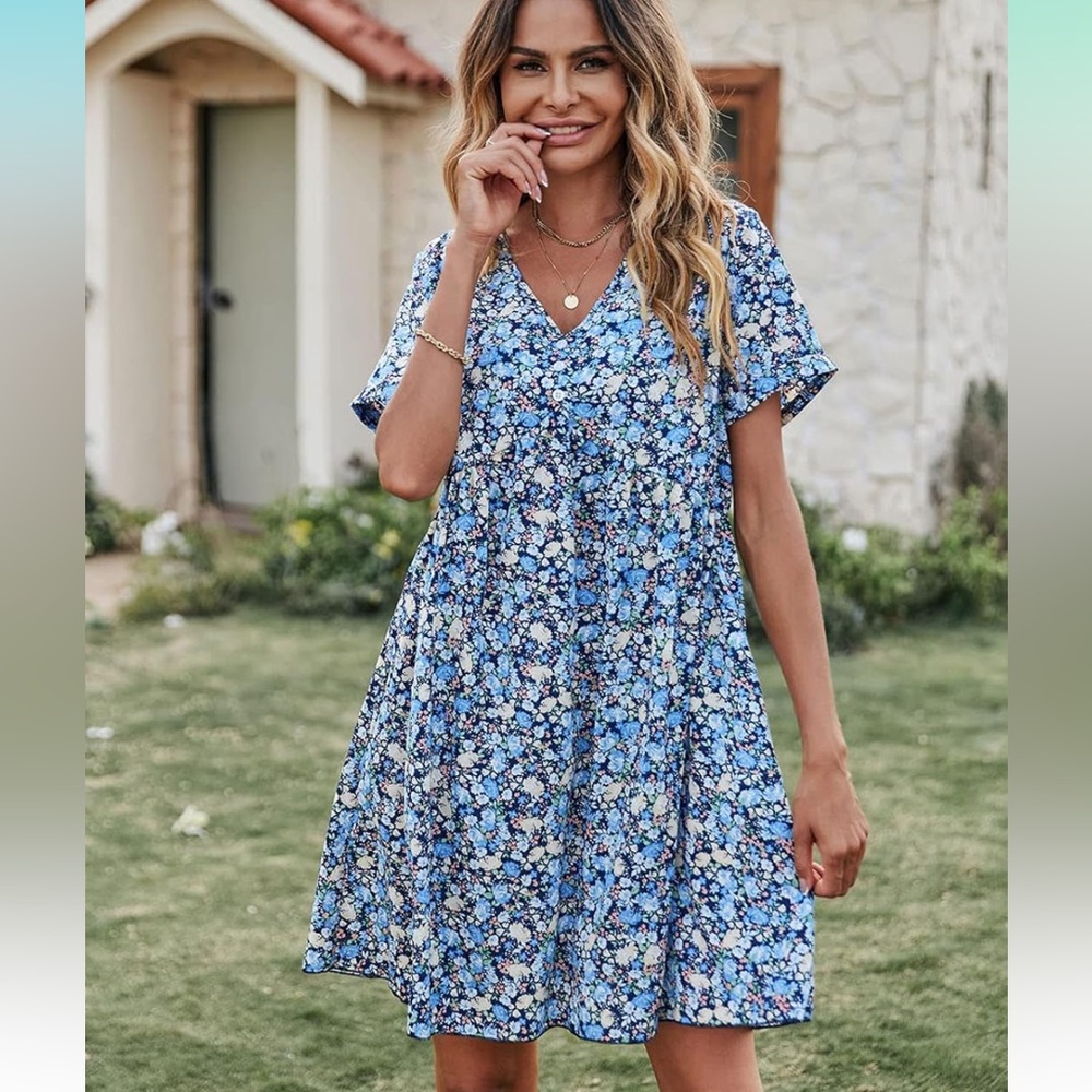 Pretty Garden Women Size M Summer Dress Short Sleeve Floral Swing A-Line Dress